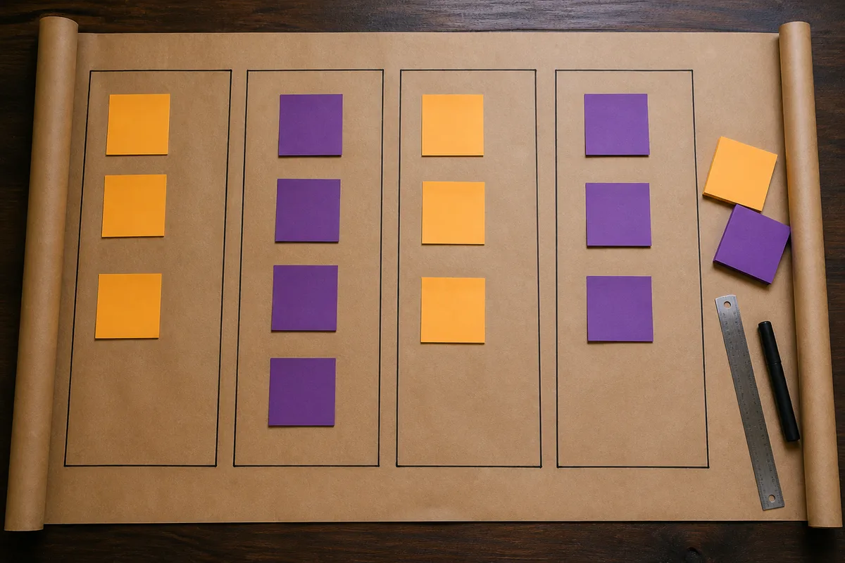 Plan de découpage d&rsquo;un projet mobile posé sur une table de travail